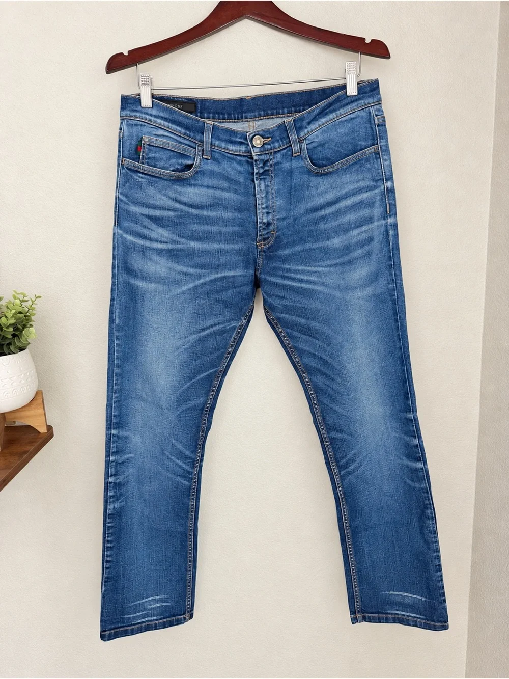 Gucci Men's Blue Web Pocket Skinny Jeans IT 46 Medium Wash Made in Italy Gucci